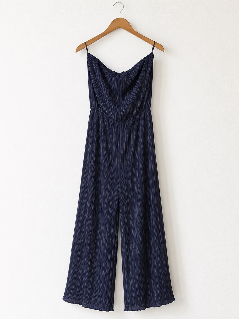 Navy Pleated Strapless Cropped Jumpsuit XS Wide Leg 23” Inseam